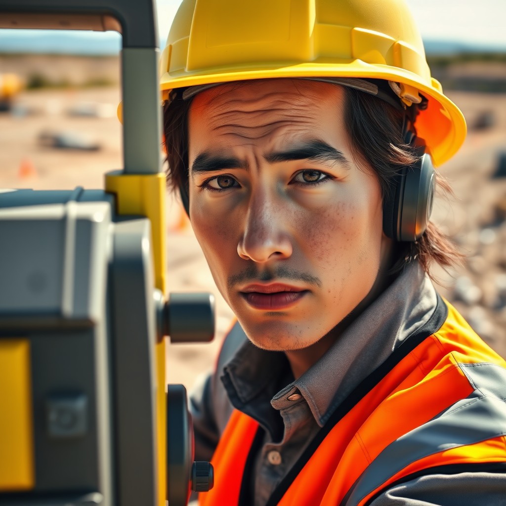 A topography engineering scene featuring a person using a surveying machine