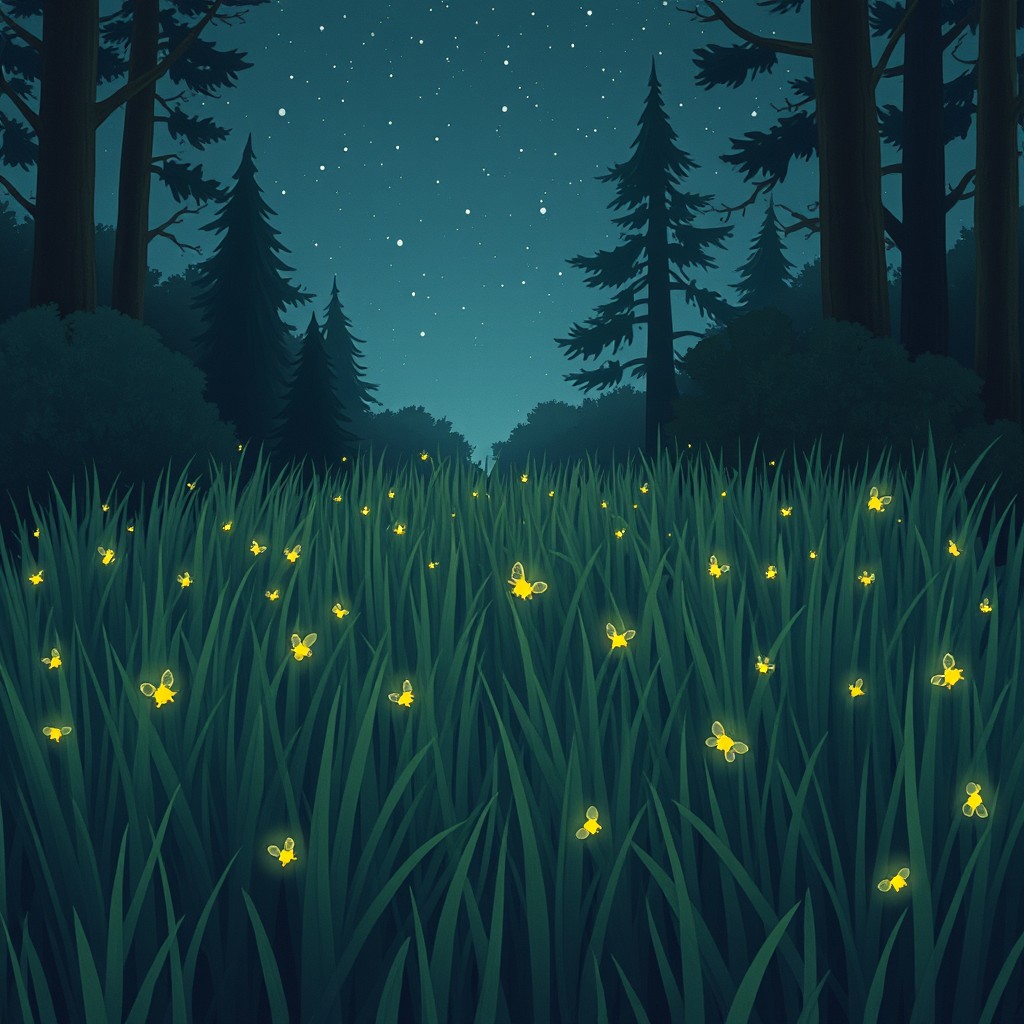 On a warm summer night, adorable fireflies flit about in the grassy underbrush of a tranquil forest