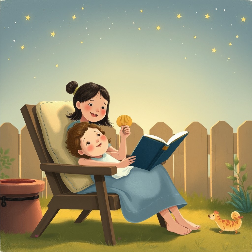 On a warm summer night, a cute little girl is comfortably lying on a chair in a cozy backyard