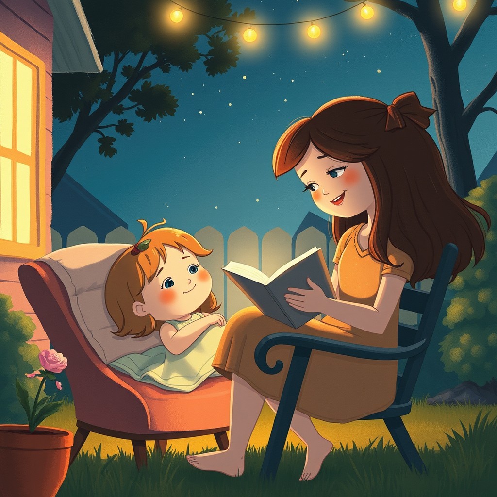 On a warm summer night, a cute little girl is lying on a comfortable chair in a charming backyard