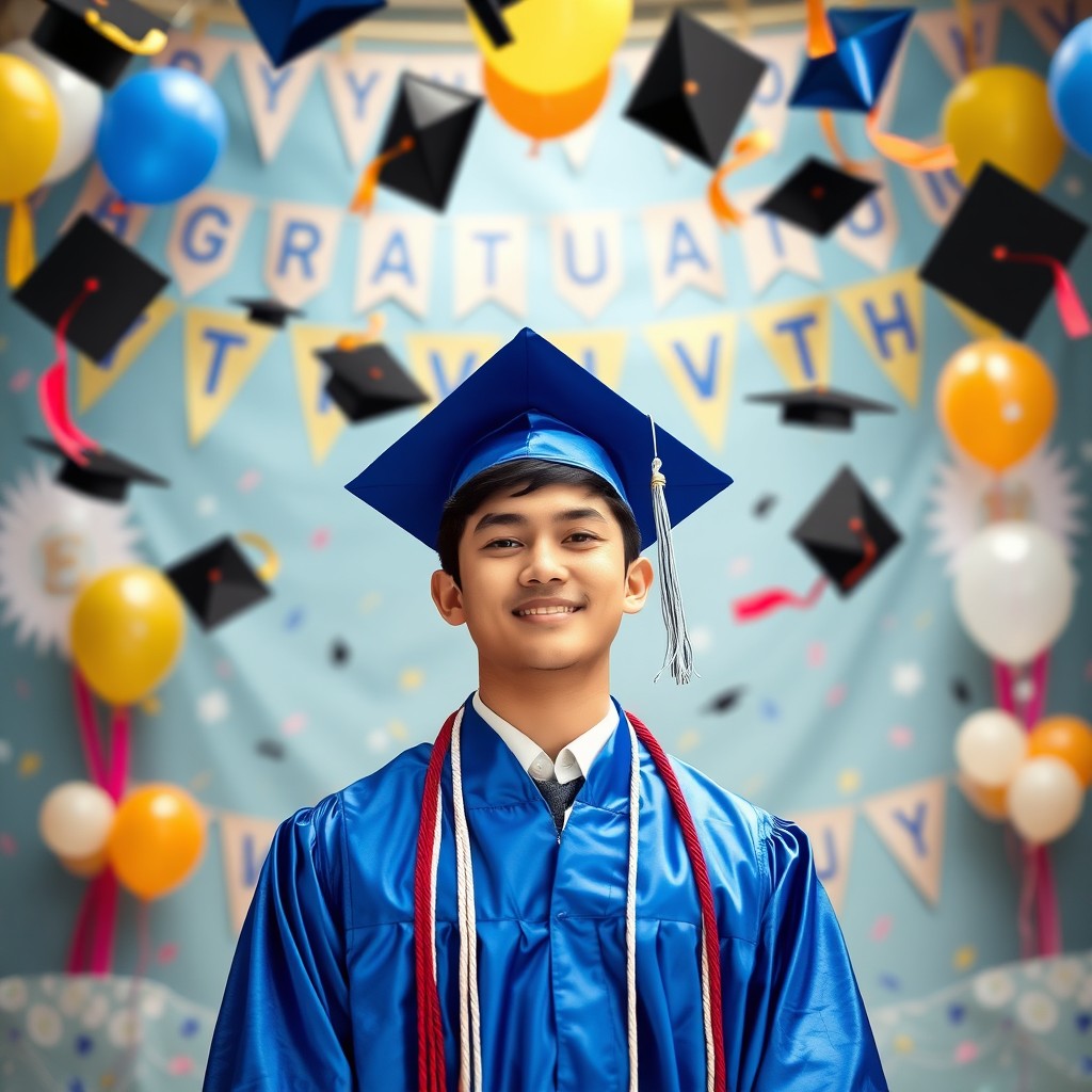 A graduation pictorial featuring a student wearing a blue toga, standing proudly in front of a festive graduation-themed backdrop filled with balloons, banners, and caps thrown in the air