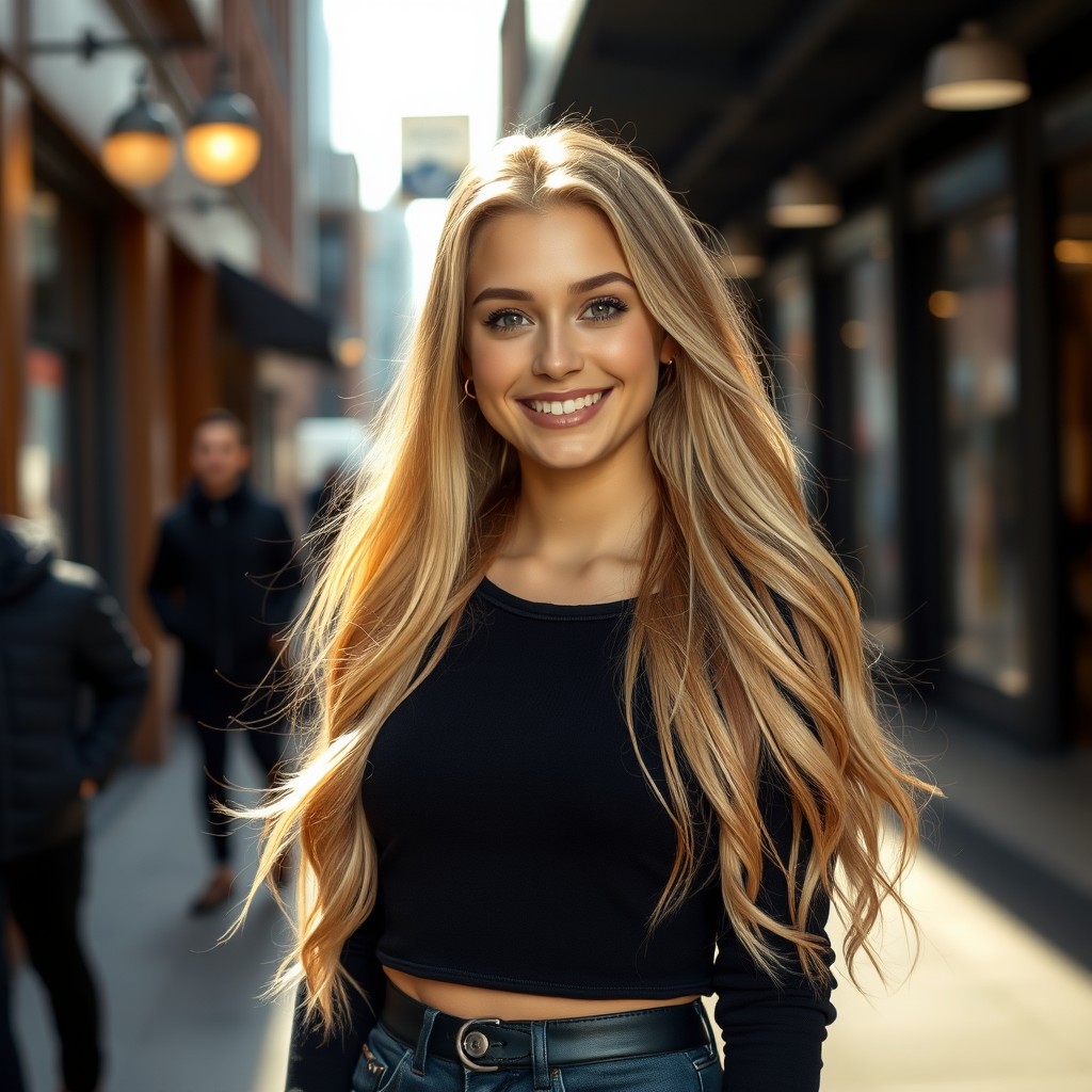 A beautiful 19-year-old blonde woman wearing dark clothing, featuring a cute smile that radiates warmth and charm