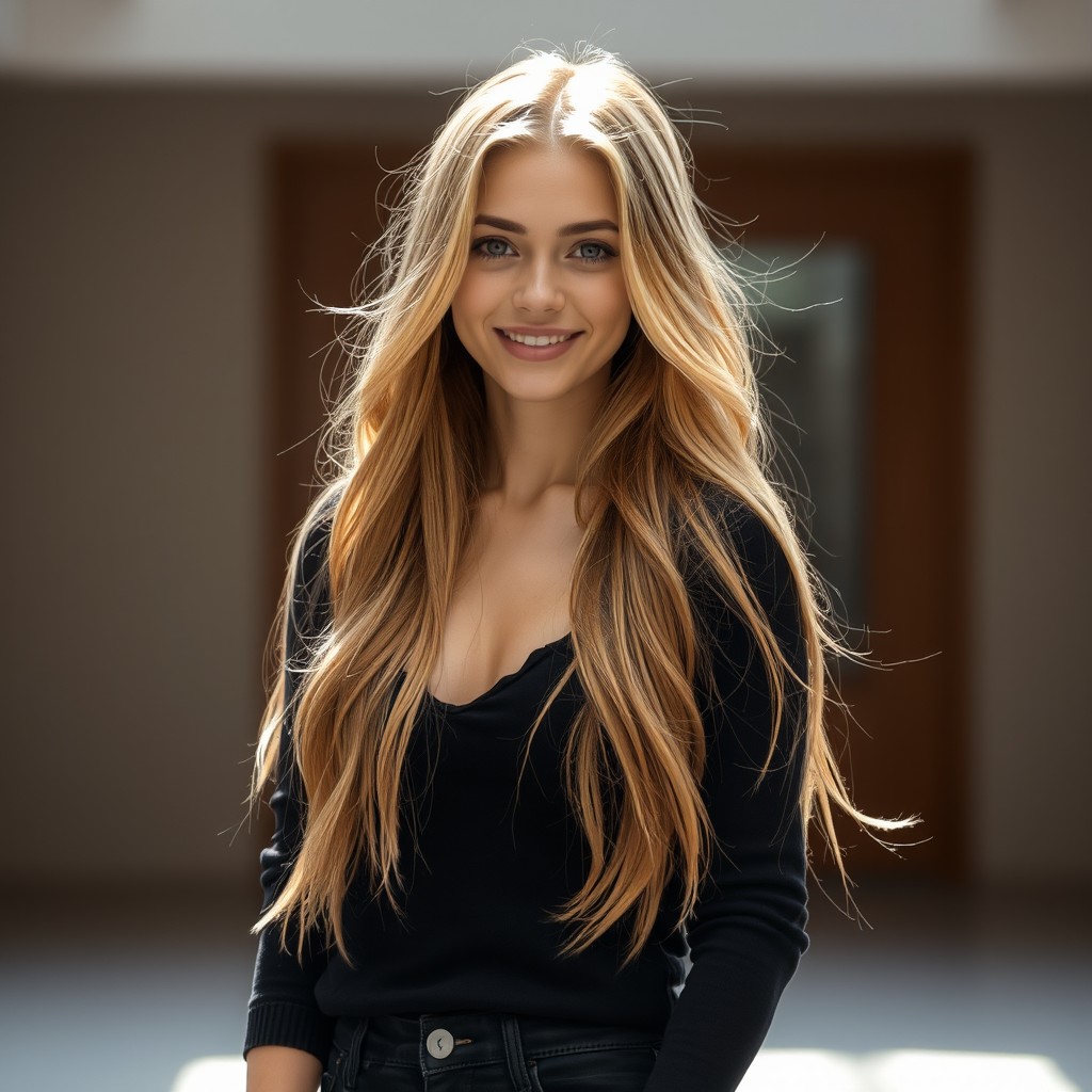 A beautiful 19-year-old blonde woman with long, flowing hair, wearing stylish dark clothing that complements her figure