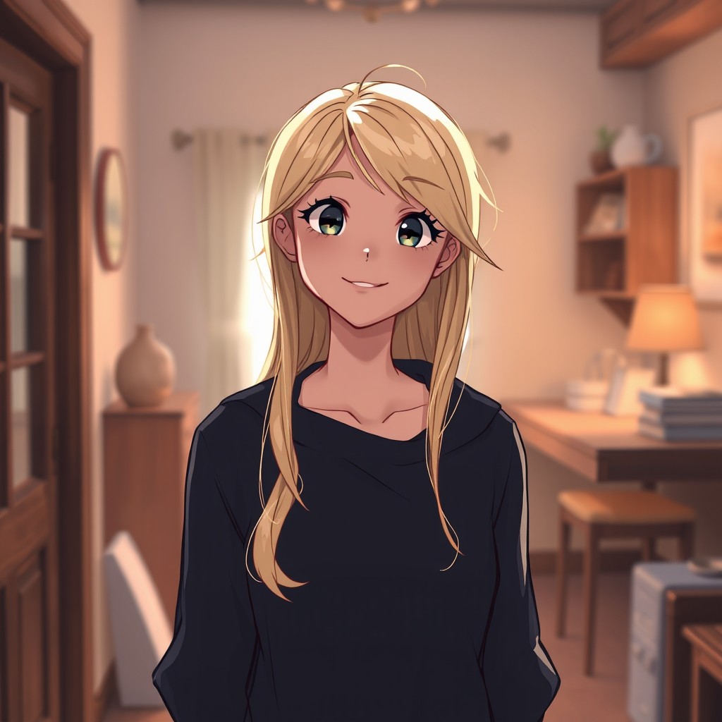 A beautiful 19-year-old blonde woman with a cute smile, wearing dark clothing, standing alone in a softly lit room