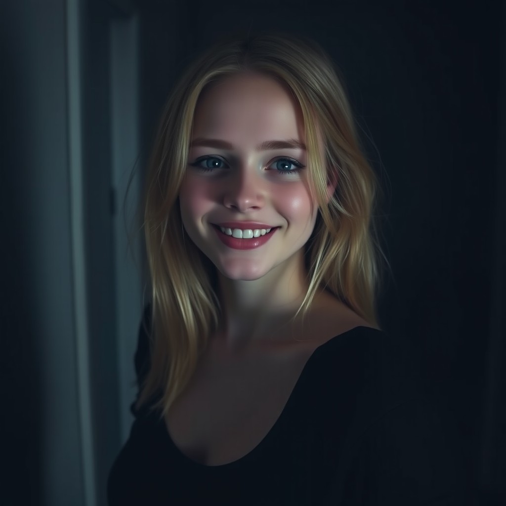 A beautiful 19-year-old blonde woman with a cute smile, wearing dark clothes, standing alone in a dimly lit room