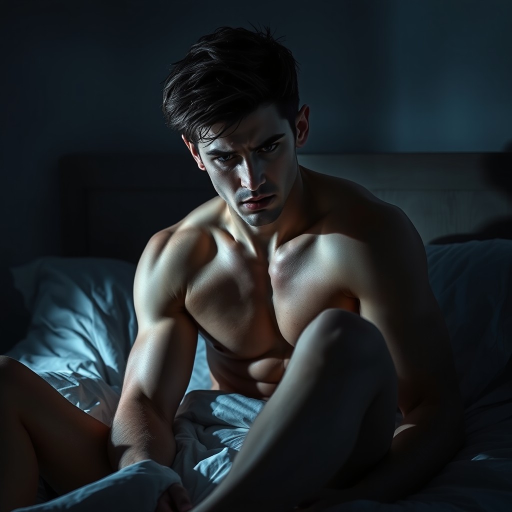 A handsome dark-haired young man with an athletic build sits on a bed, looking tense and distressed after experiencing a bad dream