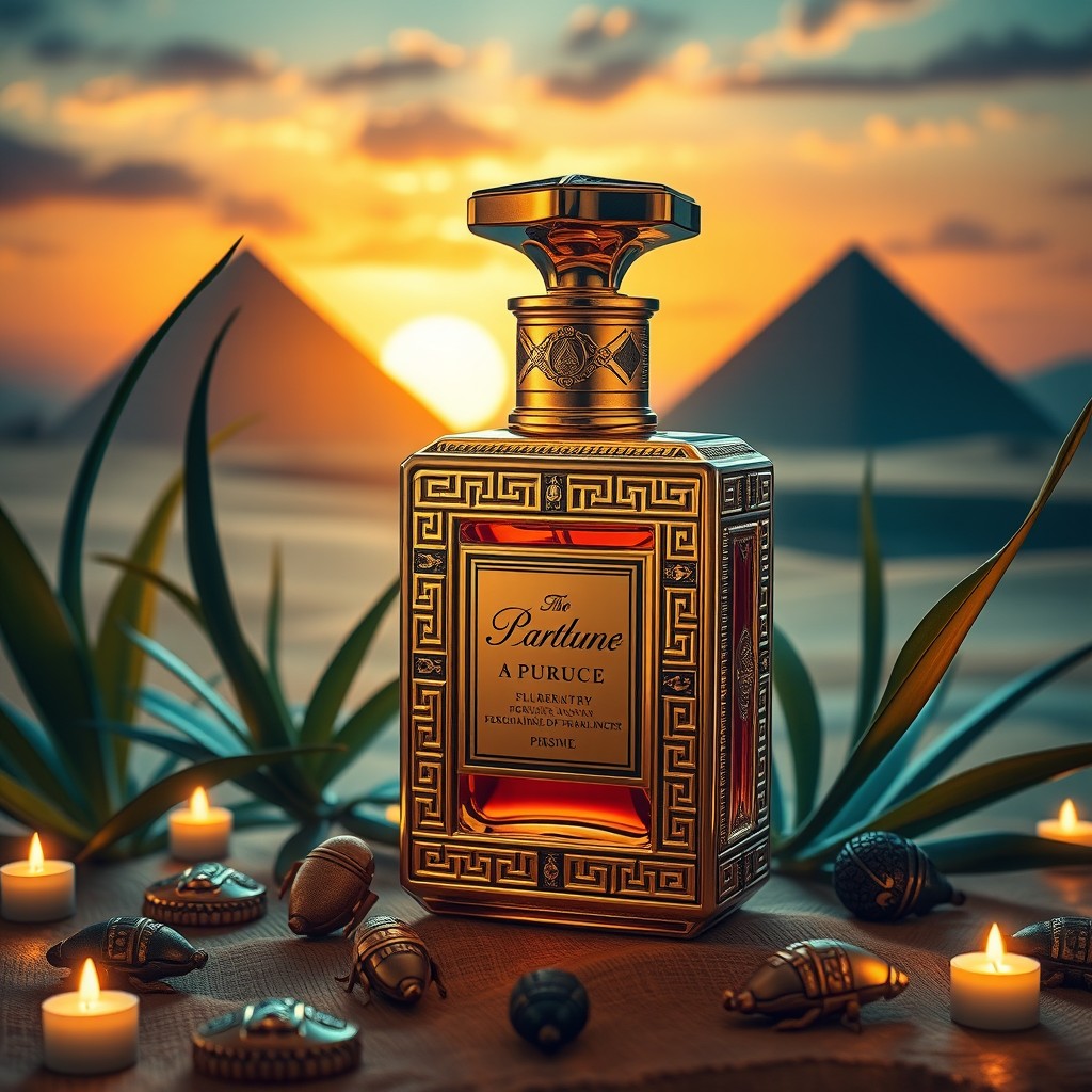 A luxurious scene depicting an elaborate bottle of perfume inspired by ancient Egyptian themes