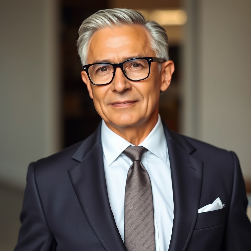 A realistic photo of a well-groomed, elegant man in his sixties, fit and in excellent shape