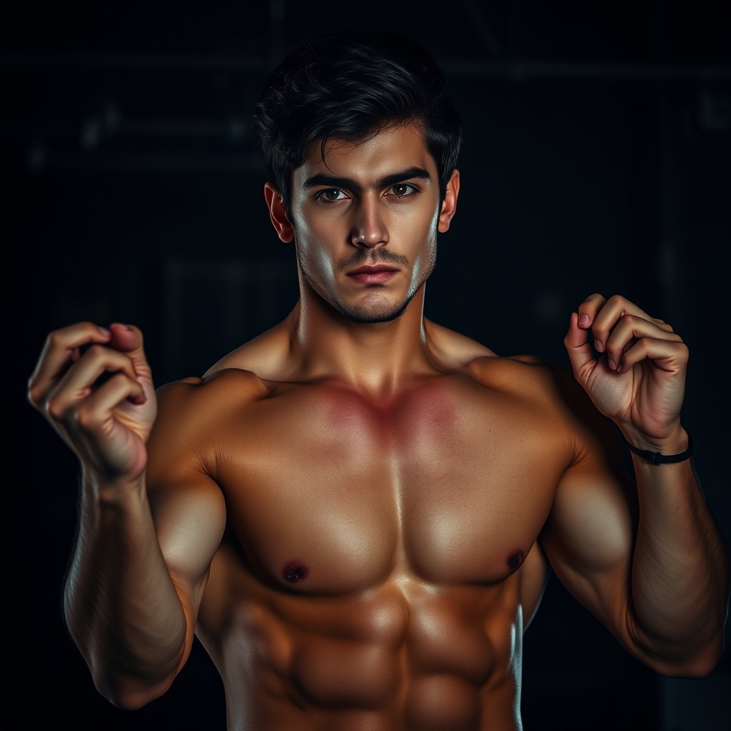 A handsome dark-haired young man with an athletic build, demonstrating an intense workout in a thriller-like environment