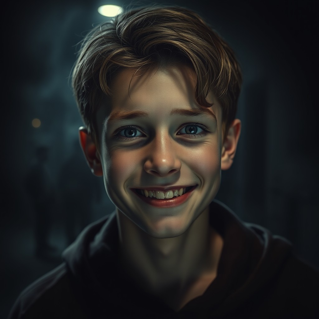 A teenage boy with an unsettling smile, set in a thriller environment with dark and moody ambiance created by dim lighting
