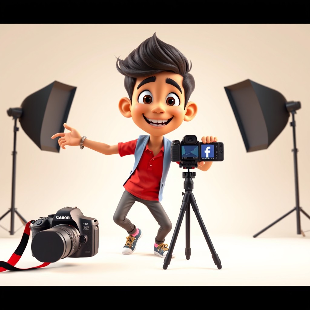 A young male character in a vibrant, playful style inspired by Pixar/Disney, striking a fun dynamic pose next to a giant smartphone