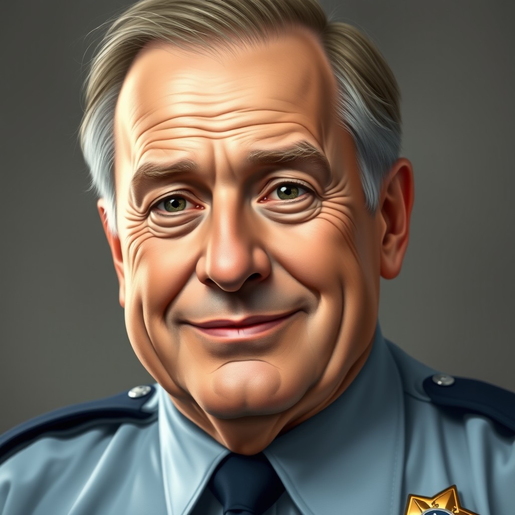 A realistic portrait of a police chief in his early fifties, featuring a slightly stocky build and thinning hair with a high forehead