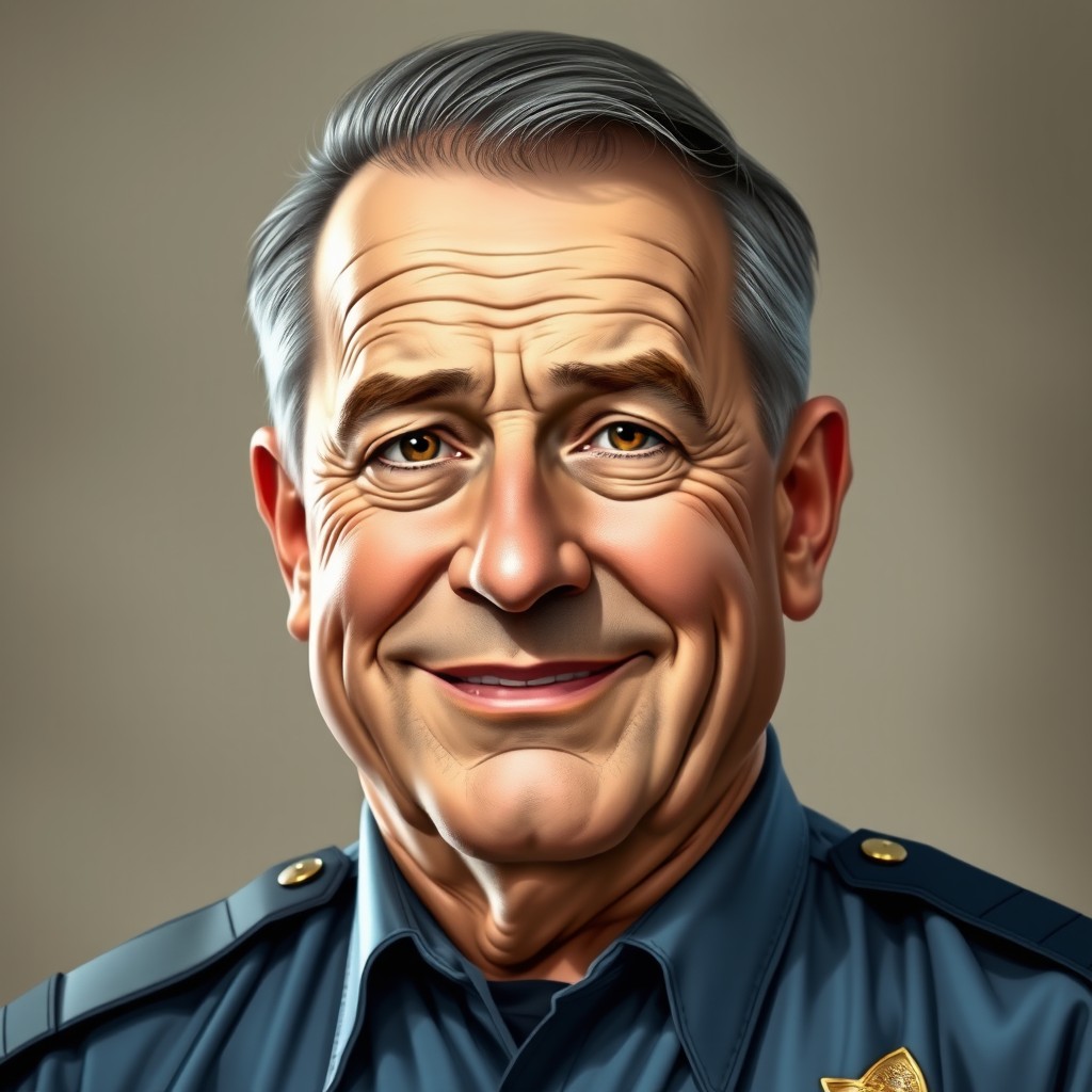 A realistic portrait of a police chief in his early fifties, characterized by a slightly stocky build and thinning hair with a high forehead