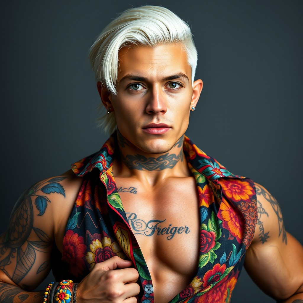A realistic portrait of a short but incredibly muscular young man with a sculpted physique and confident posture