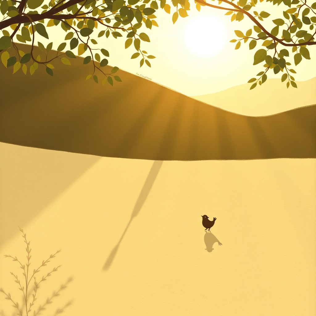 In the distinctive style of Jon Klassen, a serene scene unfolds under soft, warm sunlight that casts long, elongated shadows across a tranquil landscape