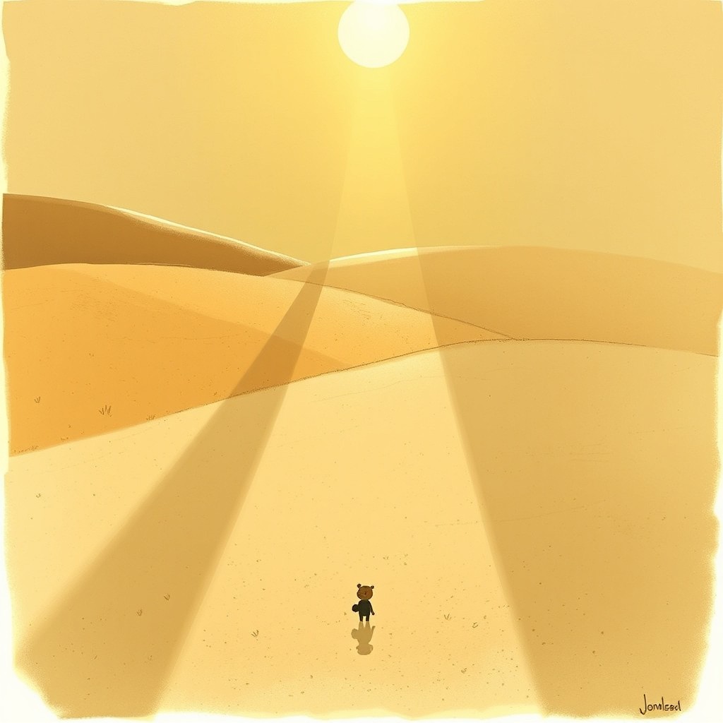 In the whimsical style of Jon Klassen, a scene bathed in warm sunlight captures the moment where the sunlight casts incredibly long shadows across a tranquil landscape