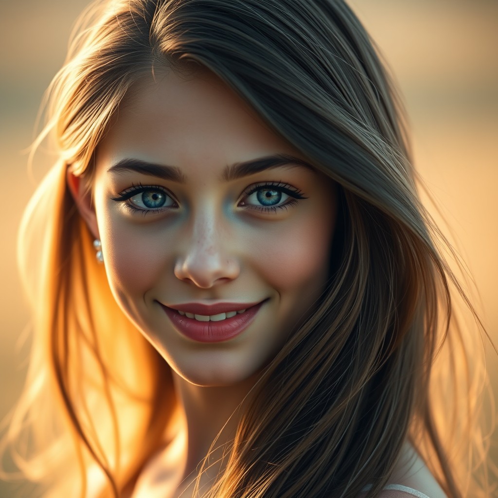 A captivating portrait of a young woman with an enchanting smile, featuring long flowing hair that cascades down her shoulders