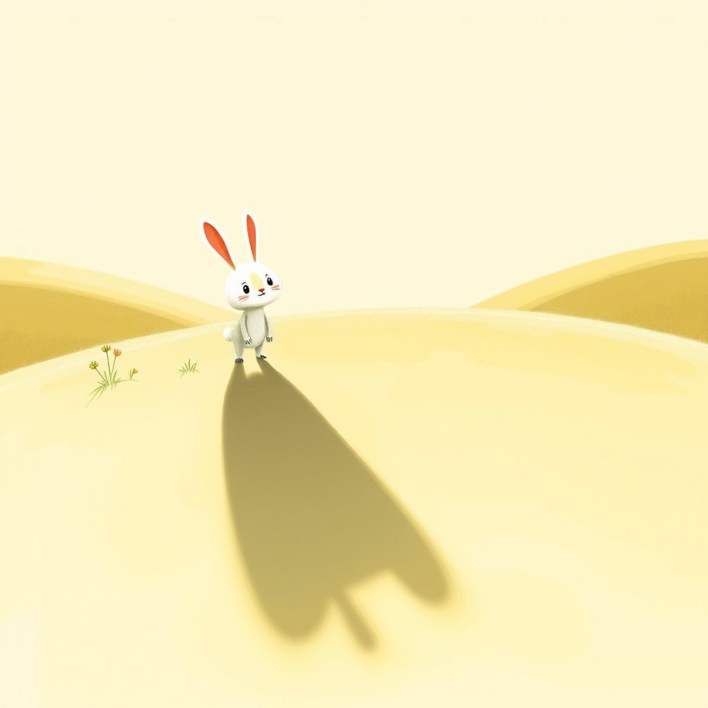 In the playful style of Jon Klassen, a cheerful scene featuring a small white rabbit is illuminated by bright sunlight, casting an incredibly long shadow on the ground