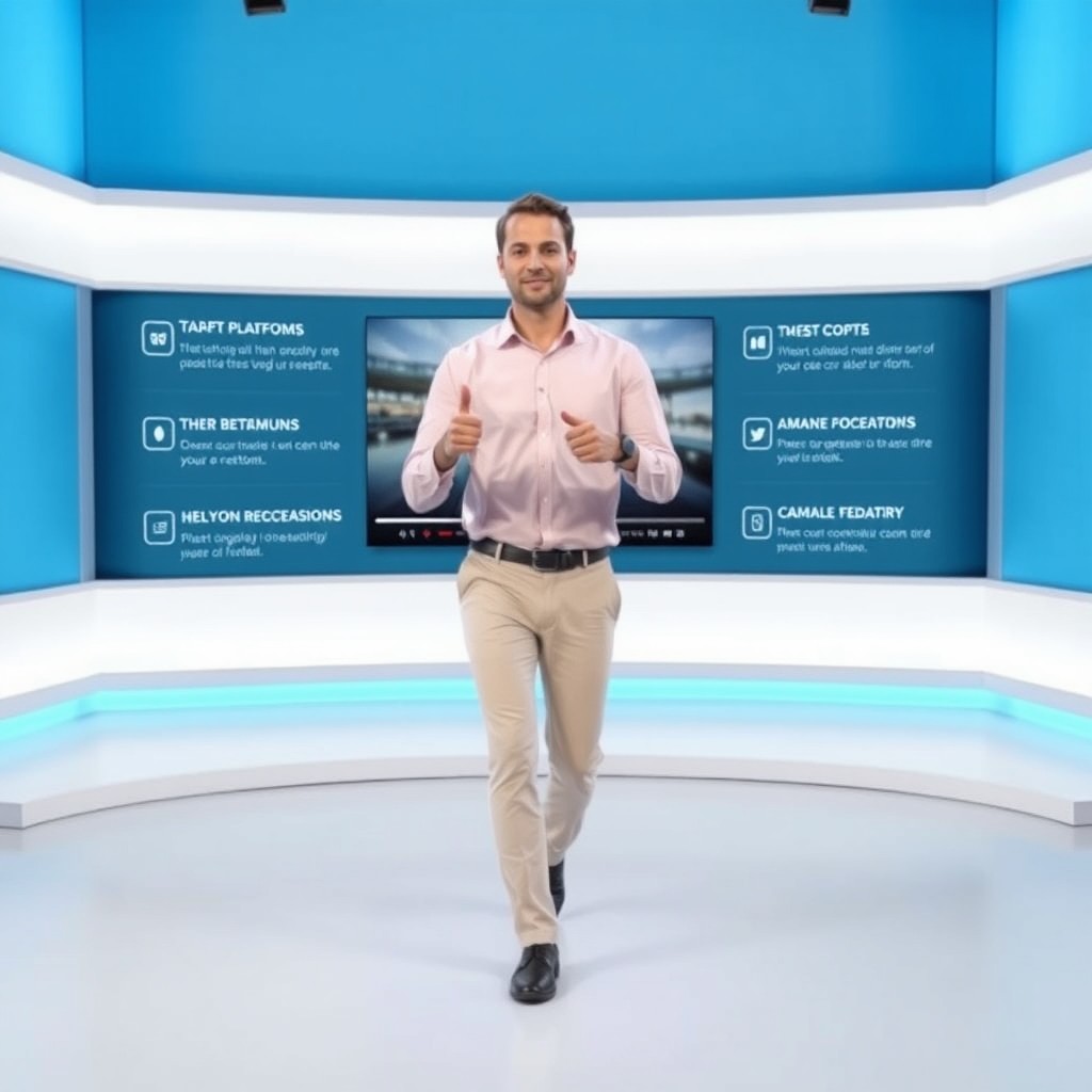 A clean studio setting with a white and blue color scheme, featuring a large display screen in the background showcasing video content
