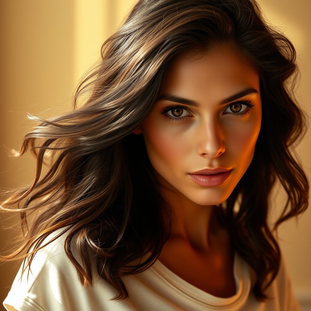 A woman with sun-kissed skin and flowing dark wavy hair that falls past her shoulders