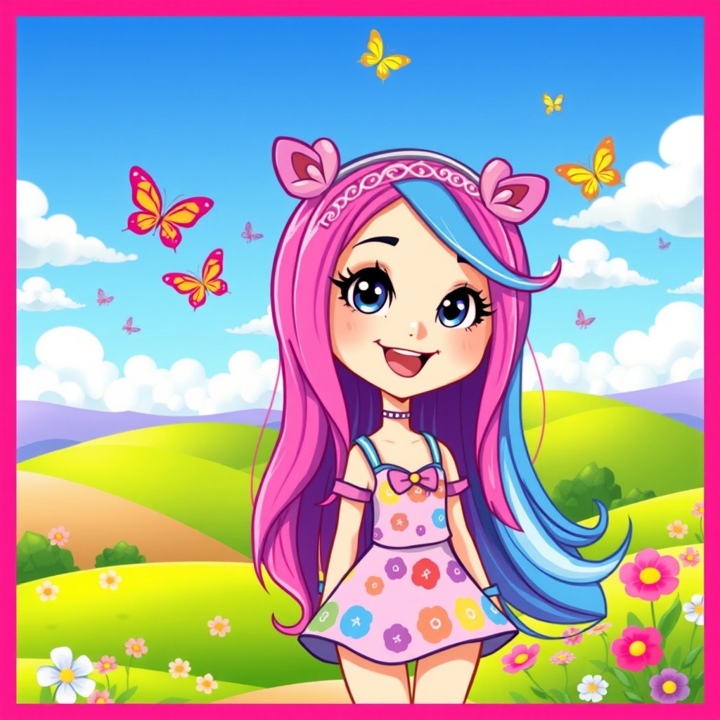 A vibrant, playful cartoon image of a girl with long, flowing hair