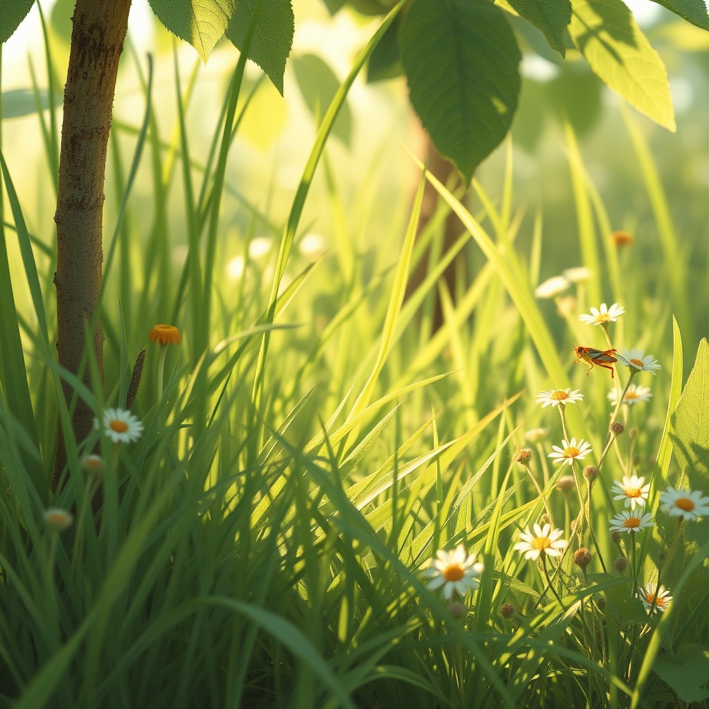 In the charming style of Jon Klassen, a delightful summer scene featuring a small grasshopper nestled among lush green grass and wildflowers