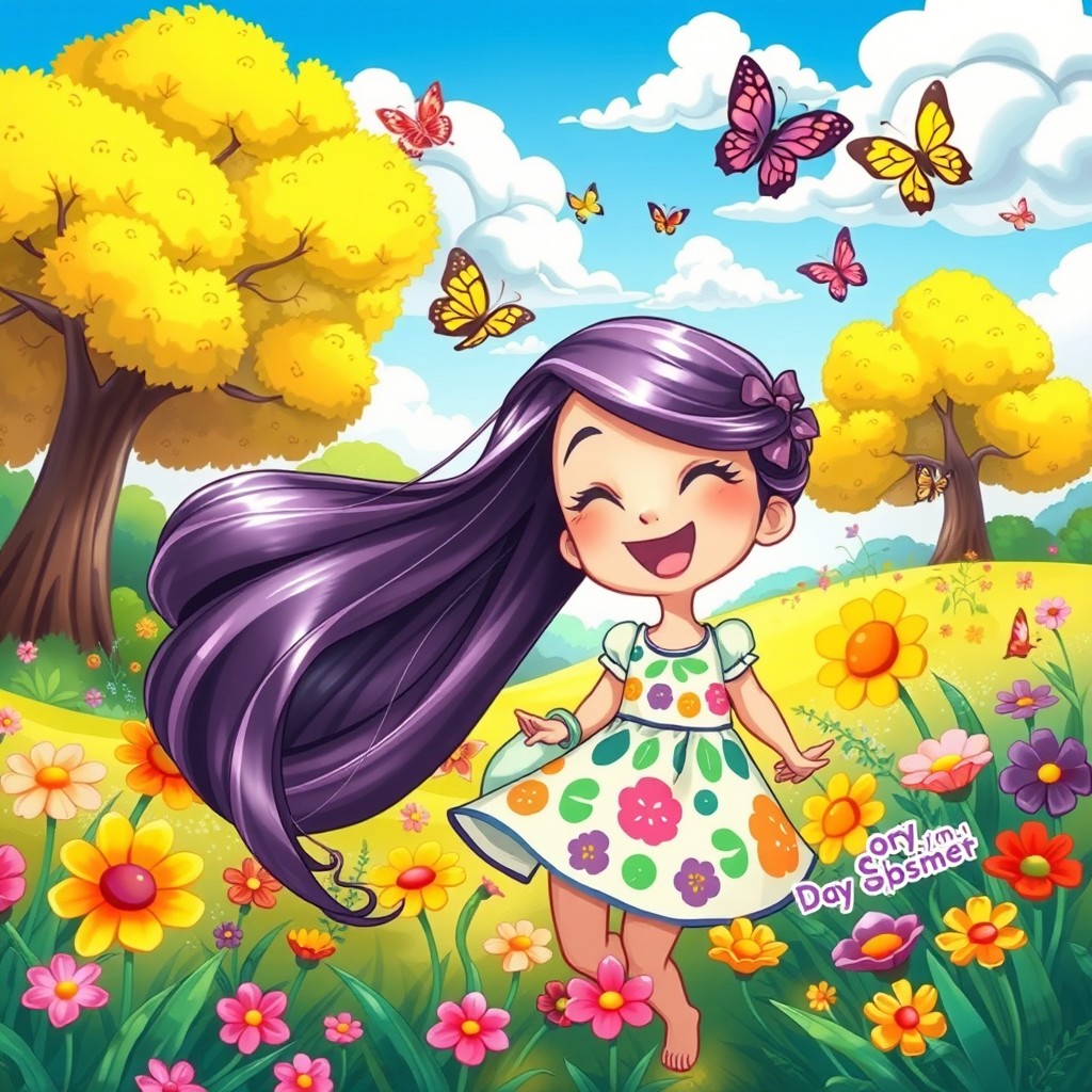A vibrant cartoon scene featuring a long-haired girl, joyfully exploring a whimsical landscape filled with colorful flowers and butterflies