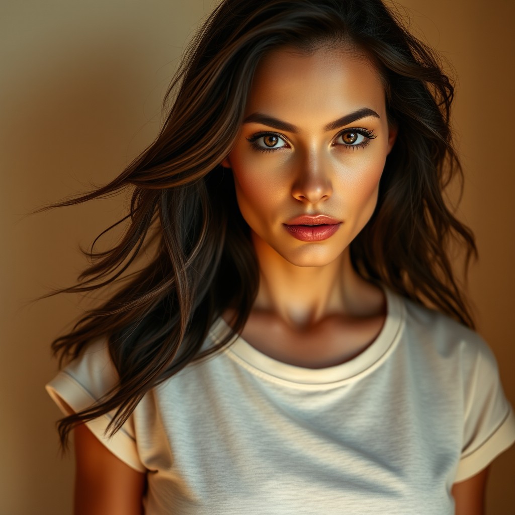 A woman with sun-kissed skin and flowing dark wavy hair that falls past her shoulders