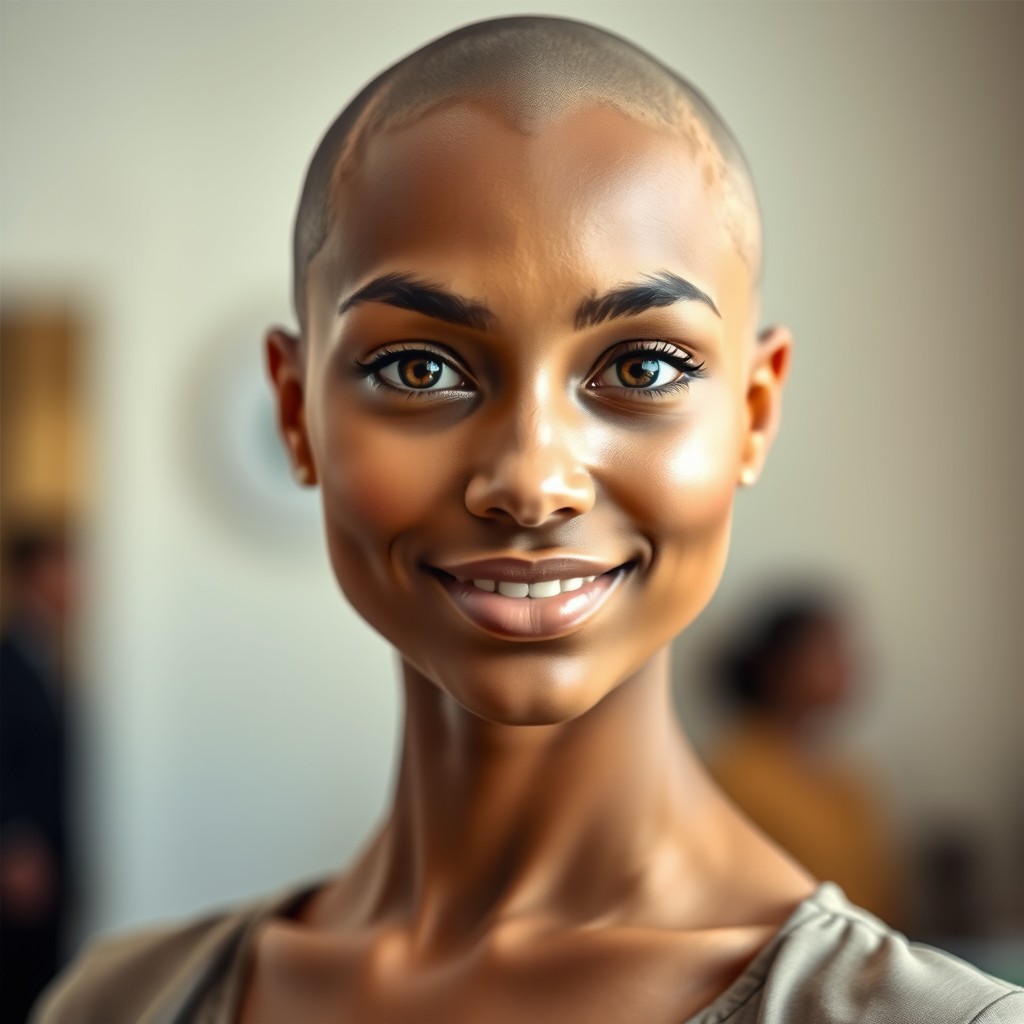 A portrait of a confident young woman with smooth, bald skin, exuding self-assurance