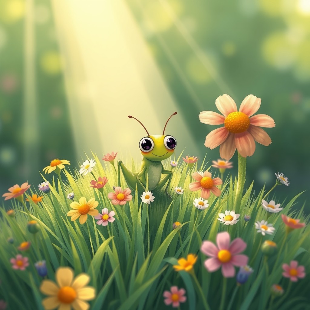 In the delightful style of Jon Klassen, a charming summer scene featuring an adorable grasshopper nestled within a vibrant patch of green grass and colorful wildflowers