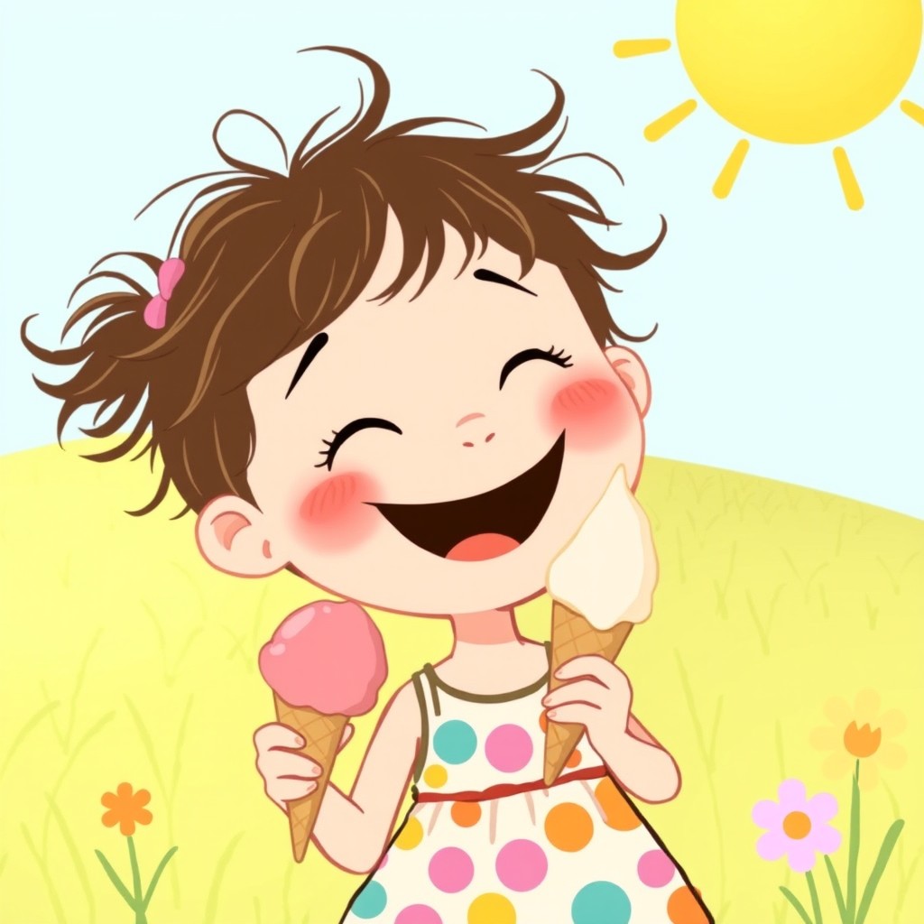 In the whimsical style of Jon Klassen, a joyful scene depicting a cute little girl with a big smile, enjoying a summer day