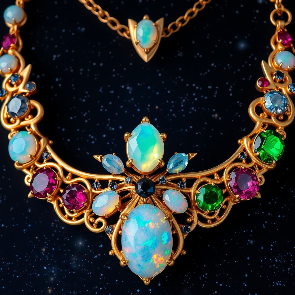 A breathtakingly rare necklace featuring an array of the rarest gemstones from the galaxy, each uniquely colored and sparkling with an ethereal glow