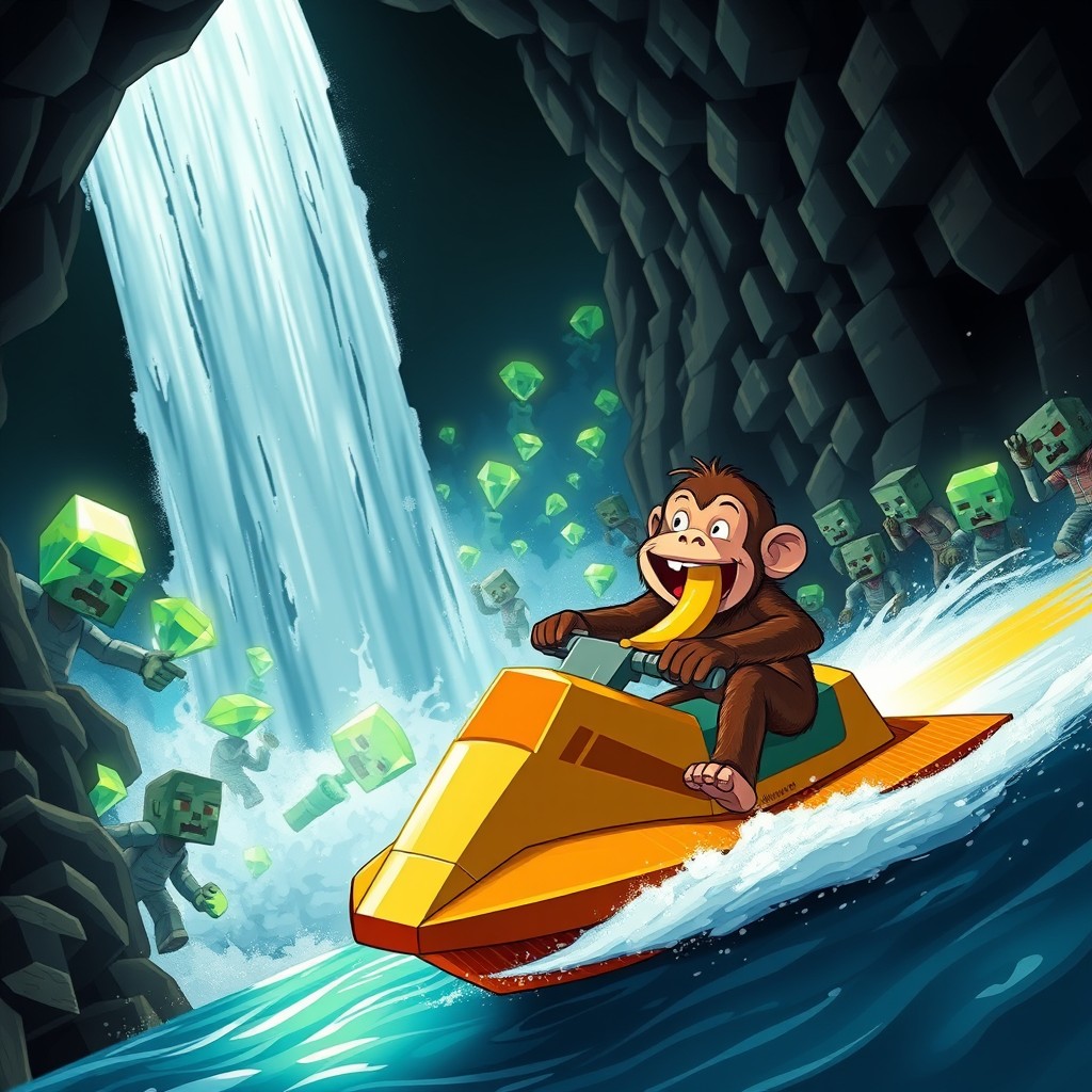 A lively scene depicting a monkey joyfully eating a banana while riding a jet ski down a majestic waterfall