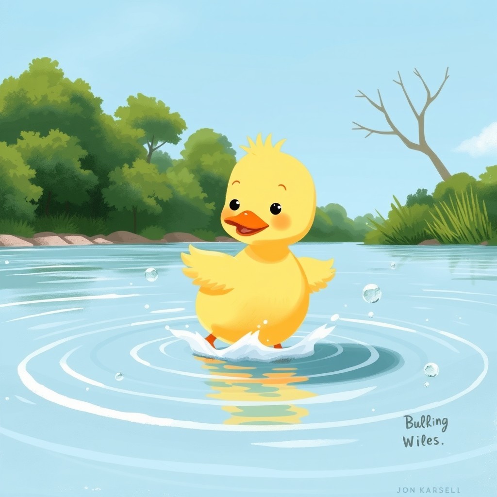 In the delightful style of Jon Klassen, a charming summer scene by the riverside featuring a wobbly baby duckling making its way into the water