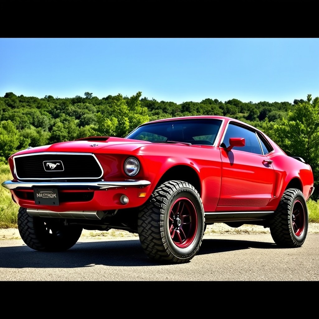 A stunning red Ford Mustang muscle car equipped with rugged offroad tires, parked in a scenic outdoor environment