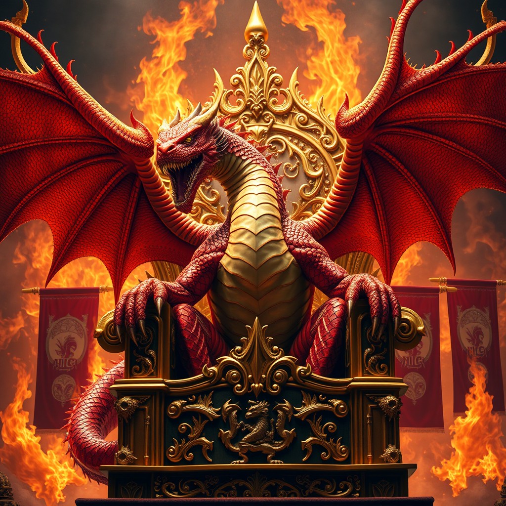 A powerful dragon king majestically perched on a lavish golden throne, adorned with intricate carvings