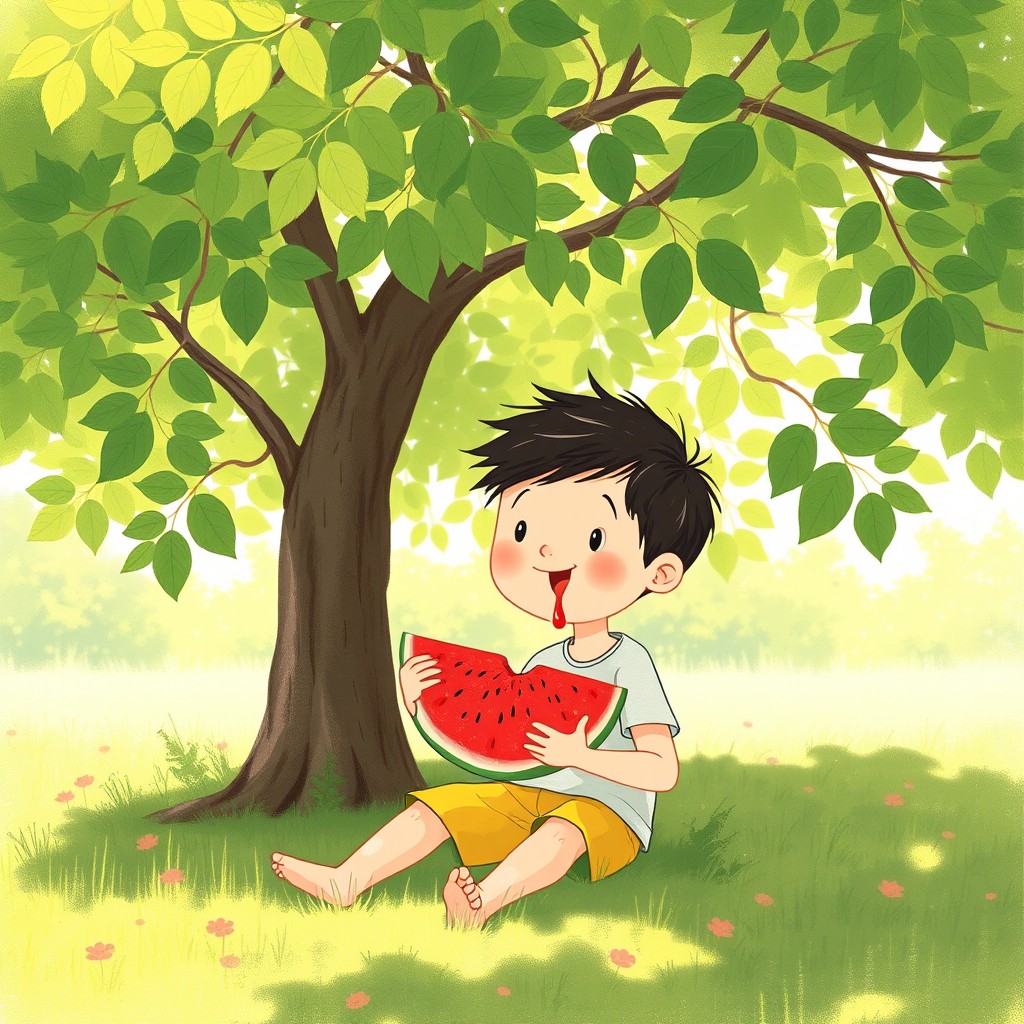 In the whimsical style of Jon Klassen, a serene summer scene capturing a small boy sitting under a leafy tree, happily enjoying a slice of watermelon
