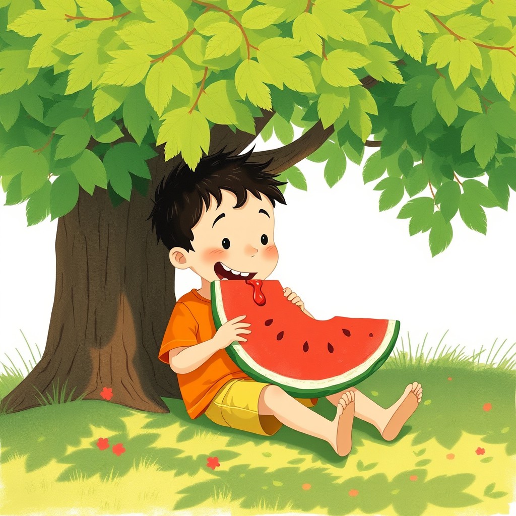In the charming style of Jon Klassen, a delightful summer scene captures a small boy sitting comfortably under a leafy tree, enjoying a large slice of watermelon