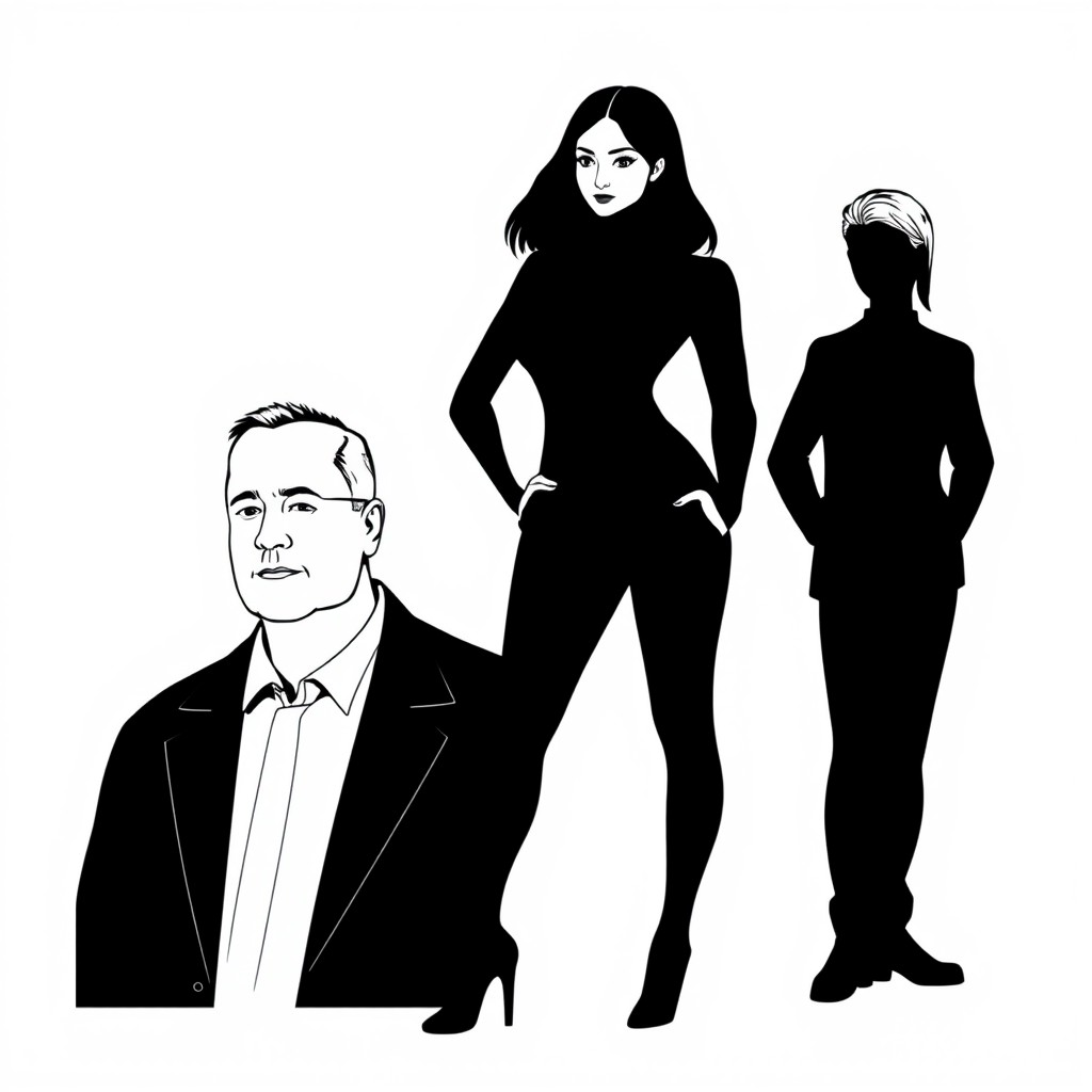 A completely black and white image featuring three figures: one woman and two men