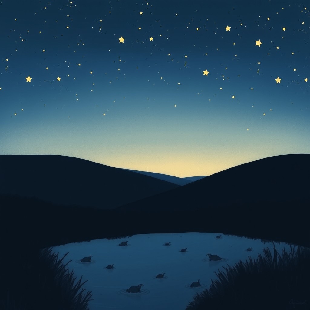 In the whimsical style of Jon Klassen, a peaceful nighttime scene unfolds as dusk settles in
