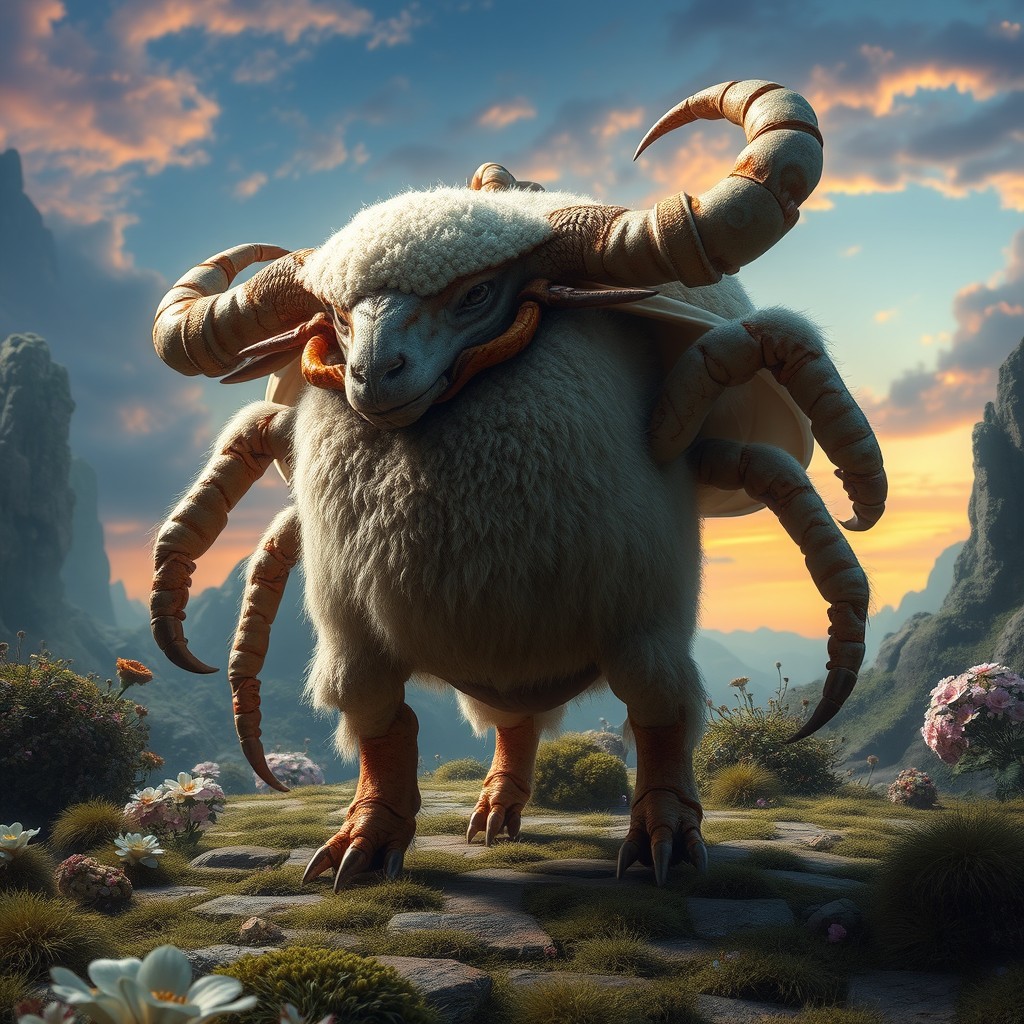 A fantastical ancient creature that is a unique blend of a crab and a sheep, featuring a large, hairy body resembling that of a sheep, with a crab's hard shell and pincers