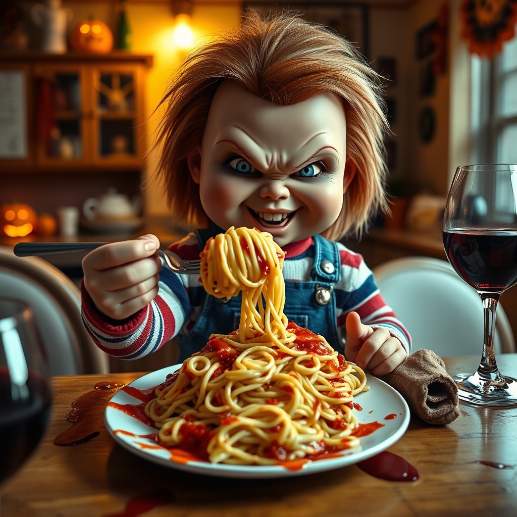 A whimsical scene featuring Chucky, the iconic doll, sitting at a dining table enjoying a big plate of spaghetti