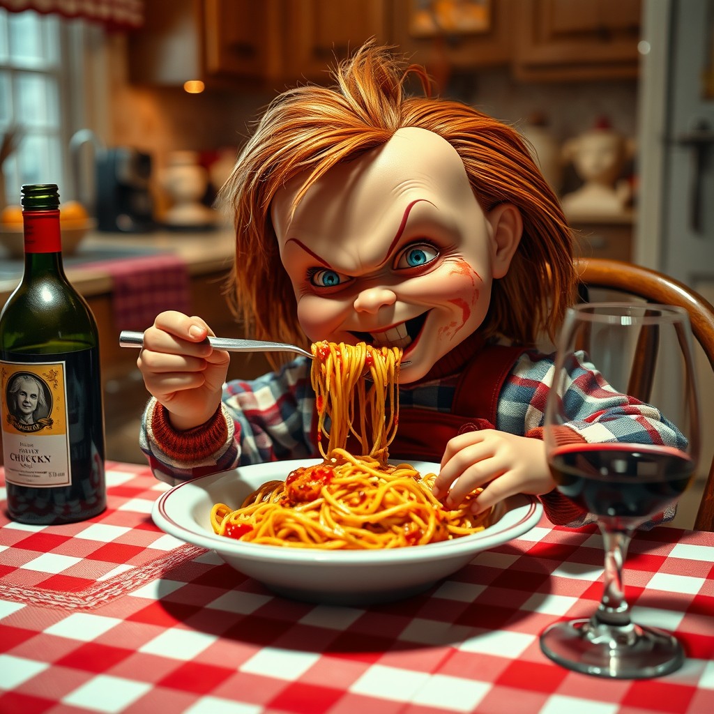 A whimsical scene featuring Chucky, the iconic doll from horror films, sitting at a dining table, enthusiastically slurping a bowl of spaghetti
