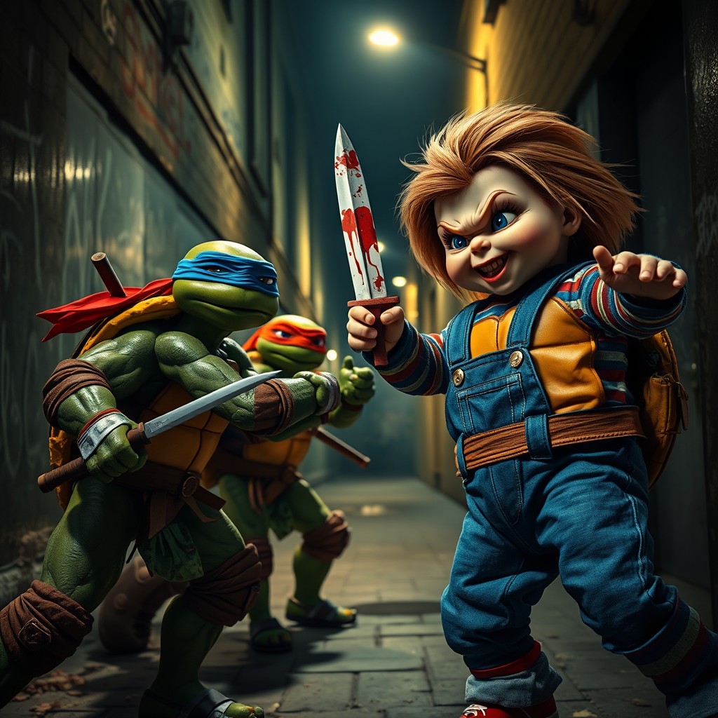 An epic showdown between the Teenage Mutant Ninja Turtles and Chucky the killer doll, set in a dimly lit, gritty urban alleyway
