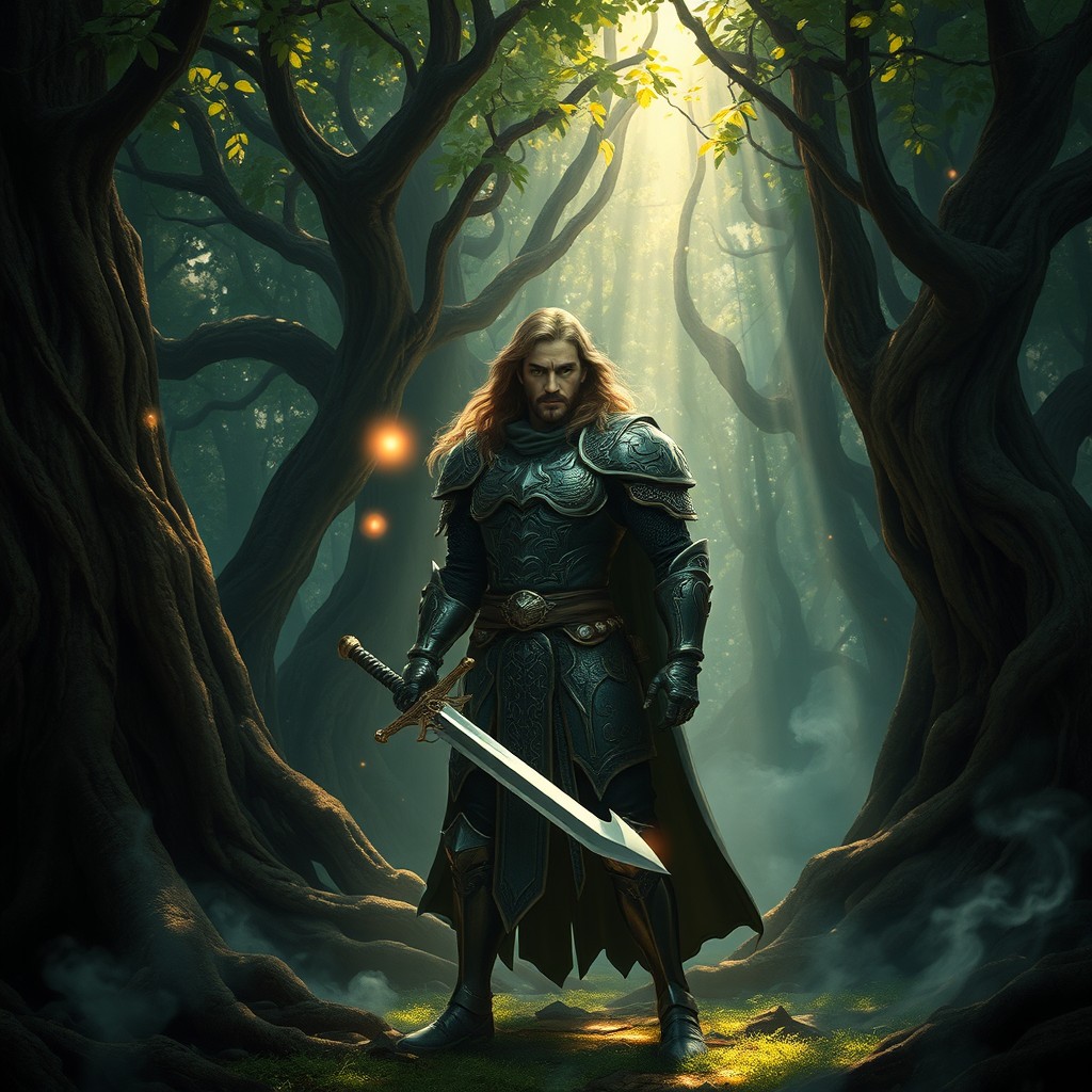 A solitary warrior in a dense, mystical forest, clad in intricately designed armor that reflects light, poised with a gleaming sword