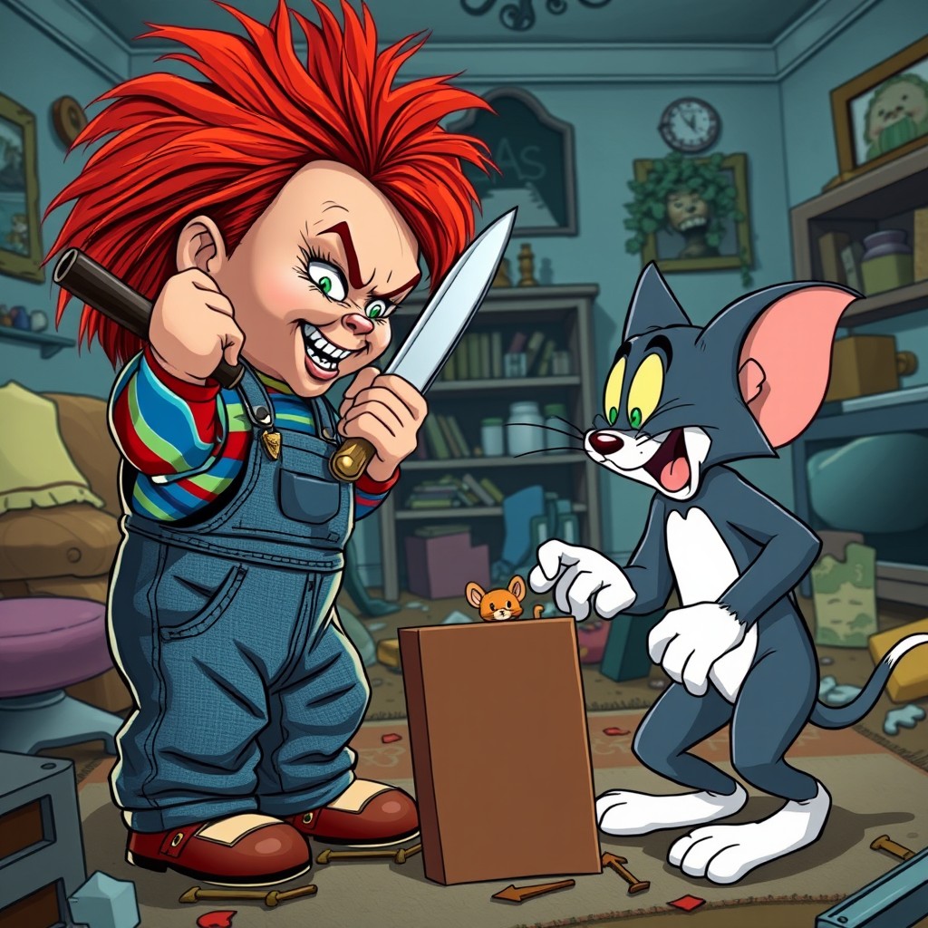 A dramatic showdown scene featuring Chucky, a menacing doll with wild red hair and overalls, facing off against Tom and Jerry, the iconic cat and mouse duo