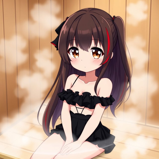 A cute and shy anime girl with long, flowing brown hair beautifully highlighted with vibrant red accents, and large, expressive brown eyes