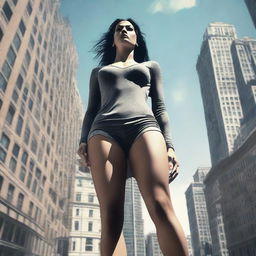 A powerful image of a towering giantess in an urban cityscape, casting a benign glance downwards at the mere specks of people moving far beneath her.