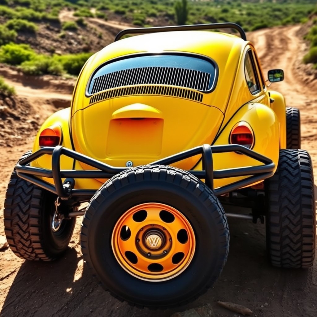 A vibrant yellow VW Beetle muscle car equipped with rugged off-road tires, showcasing a sturdy protective bar wrapped around its body