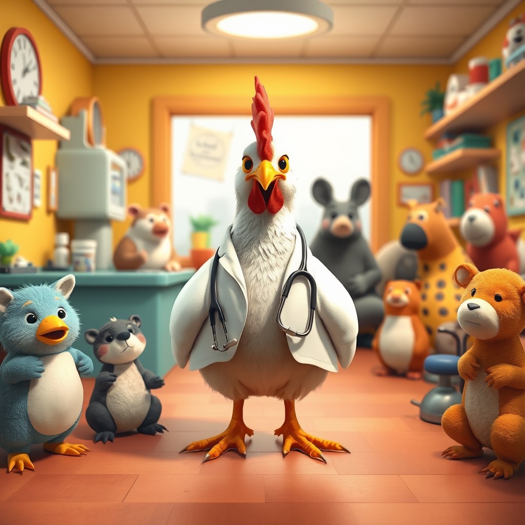 In the delightful style of Jon Klassen, a whimsical scene features a small chicken dressed as a doctor